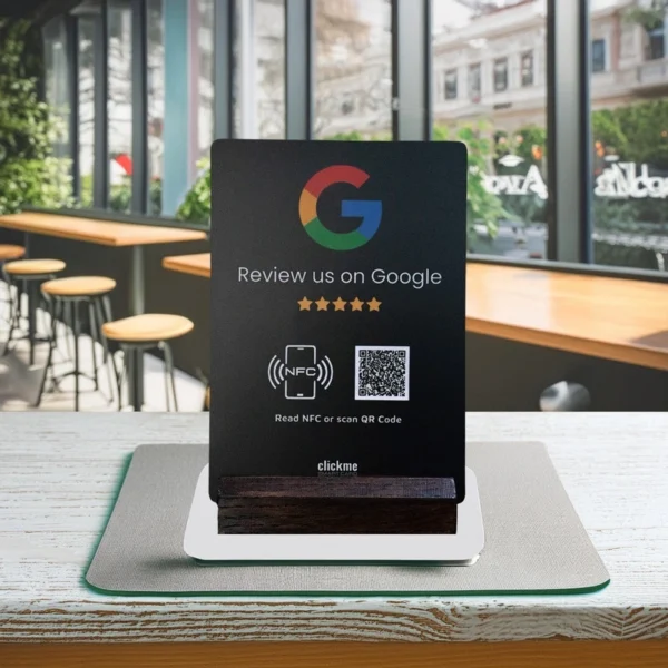 Google Review NFC وشاشة عرض رمز الاستجابة السريعة + حامل خشبي