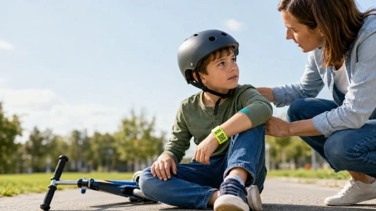 Child wearing a neon yellow SOS NFC ID bracelet while riding a scooter